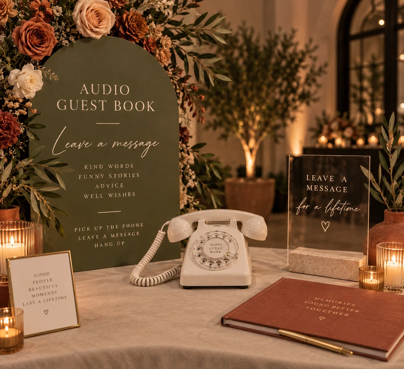 A styled table with a vintage telephone, signage, a bound keepsake book and candles