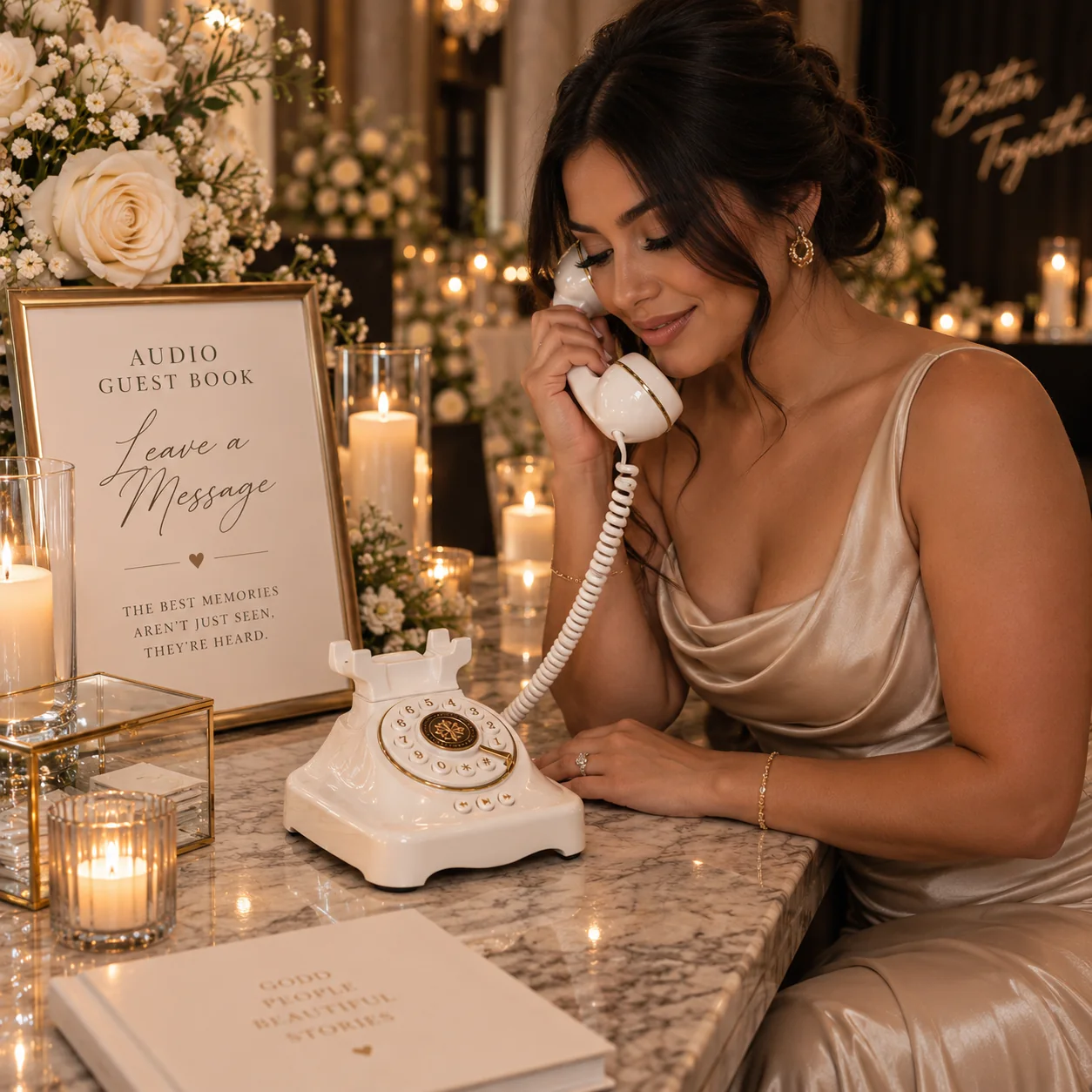 A guest leaving a message on the vintage audio guest book phone