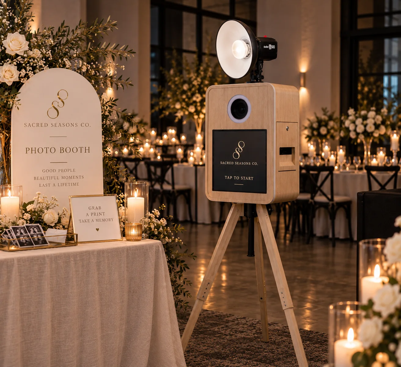 The Sacred Seasons Co. vintage wooden photo booth styled with signage, candles and florals