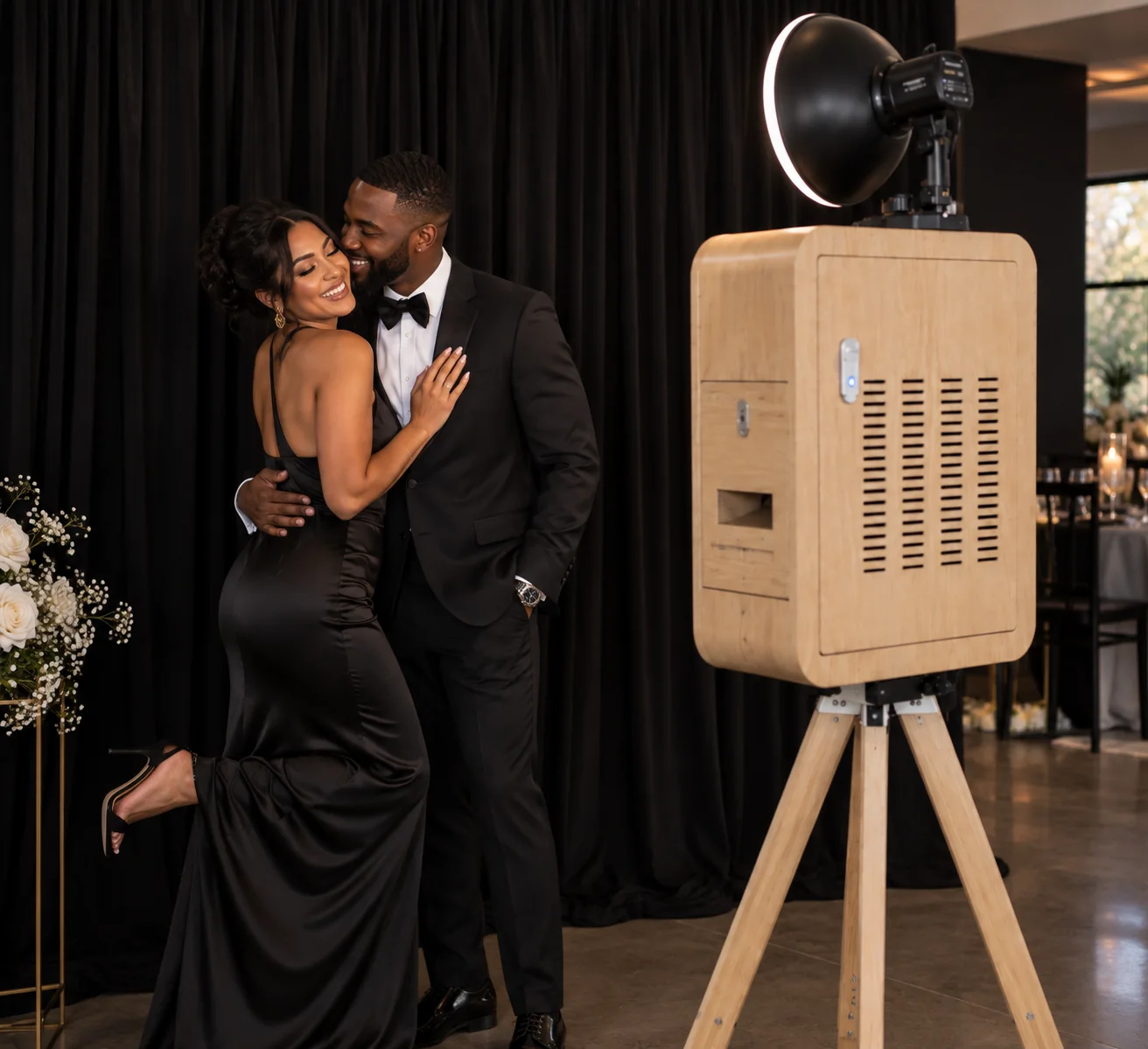 A couple photographed against the dark drape