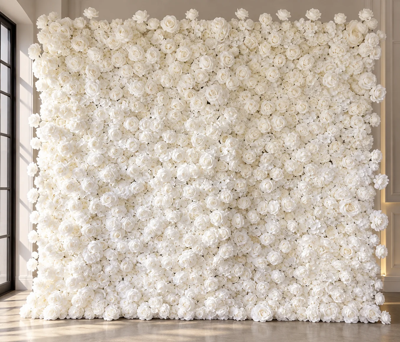 The white floral backdrop wall