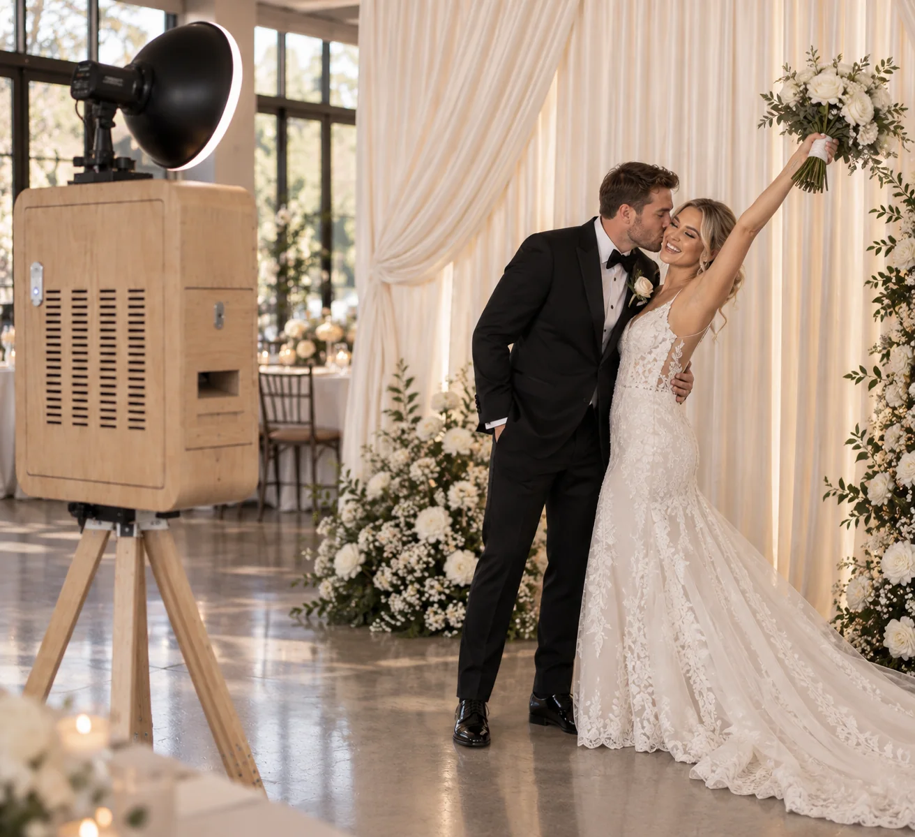 Newlyweds beside the booth under a white floral arch
