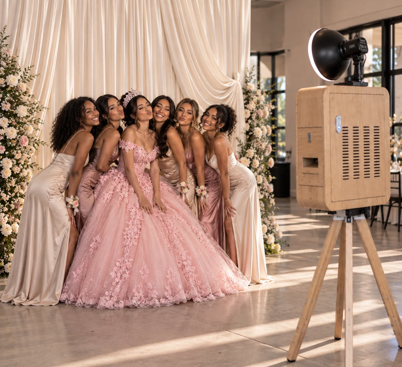 A quincea&ntilde;era party in pink gowns beside the booth