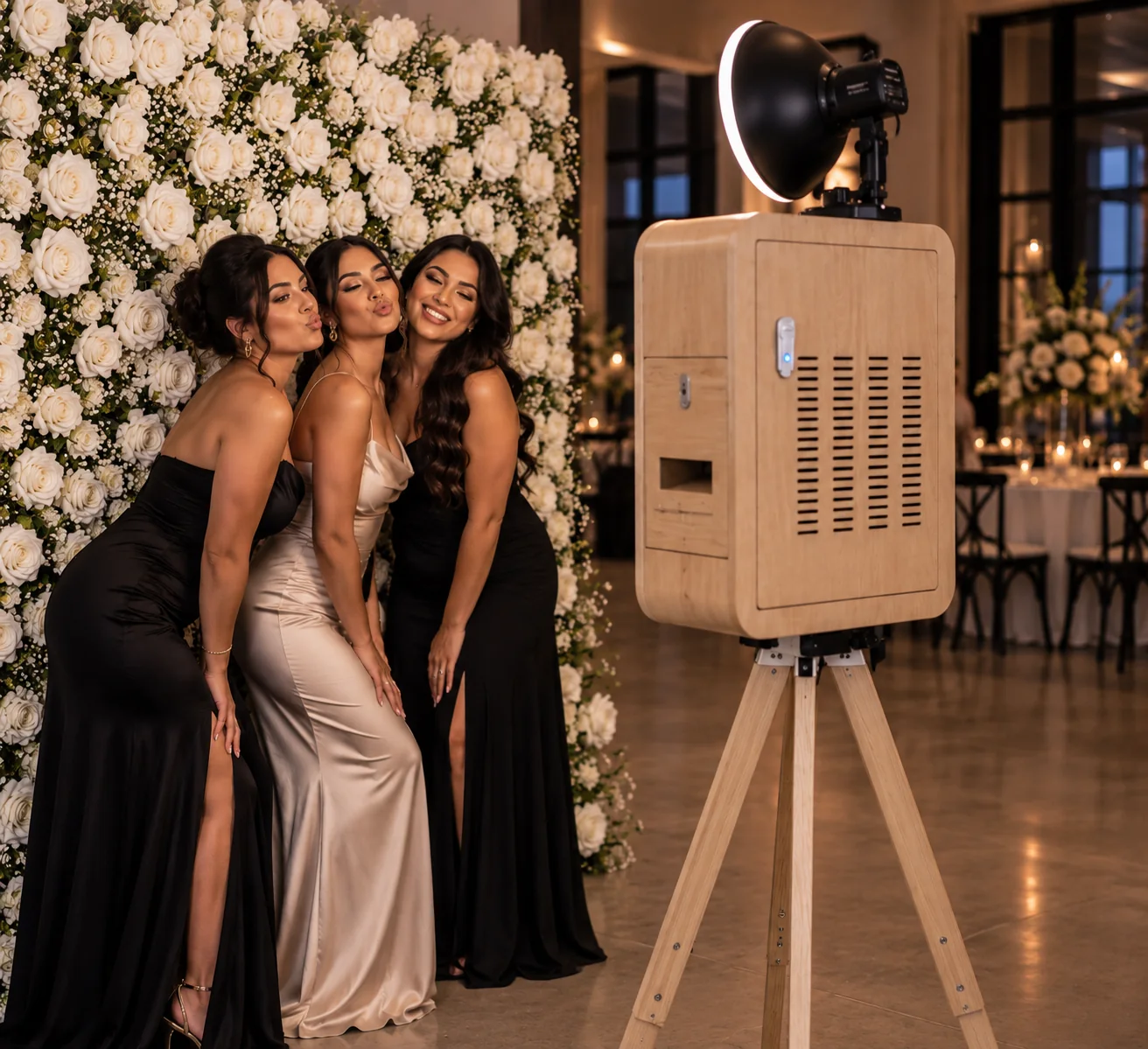 Guests photographed against the white floral wall